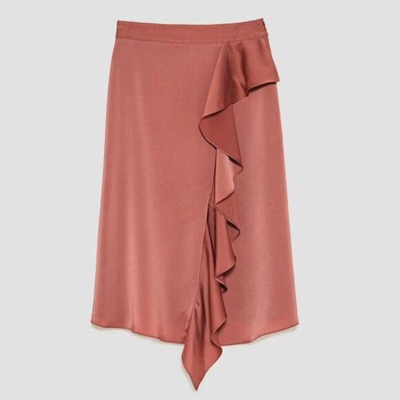 Zara Sateen Silk Satin Asymmetric Ruffle Midi Skirt Mauve Pink Size M Romantic - Picture 3 of 15